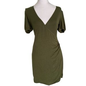 Privacy Please V-Neck Olive Green Medium Ruched Side Casual Soft Mini Dress